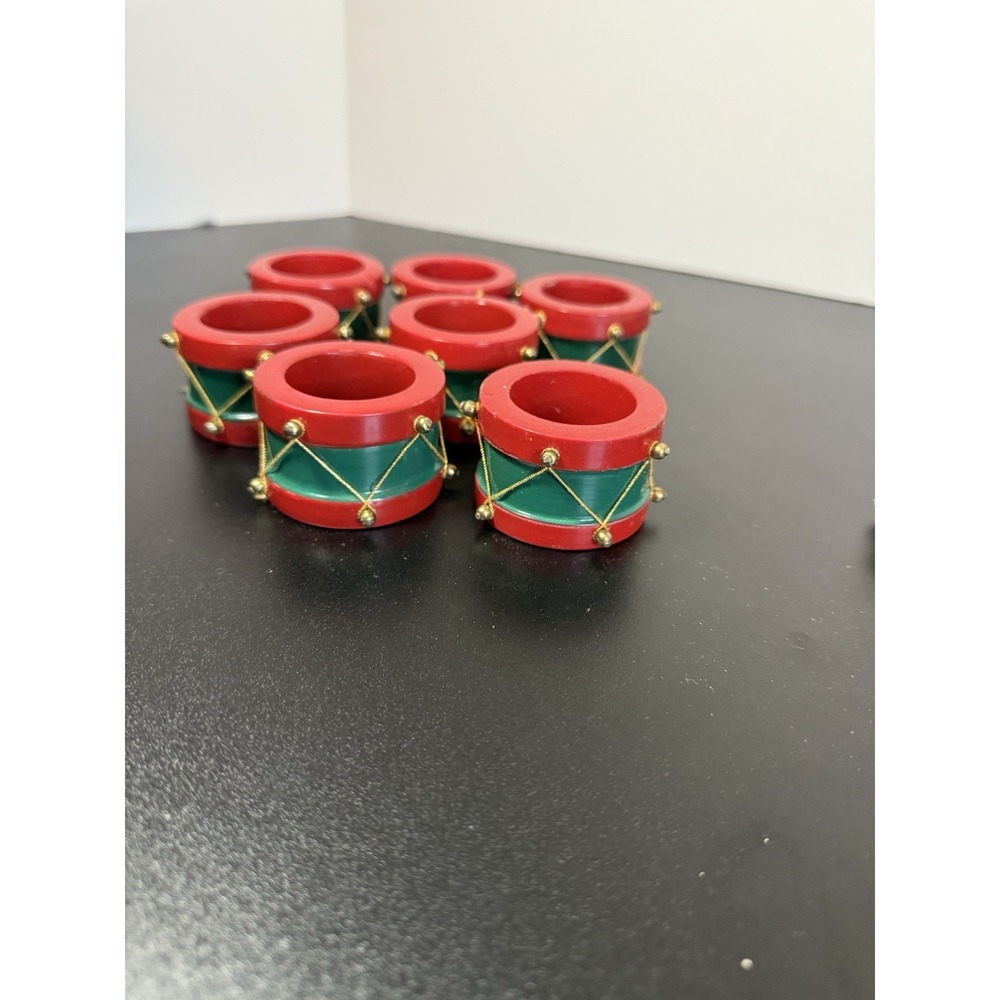 7 Christmas Holiday Drums Napkin Ring Holder Red  Green Gold